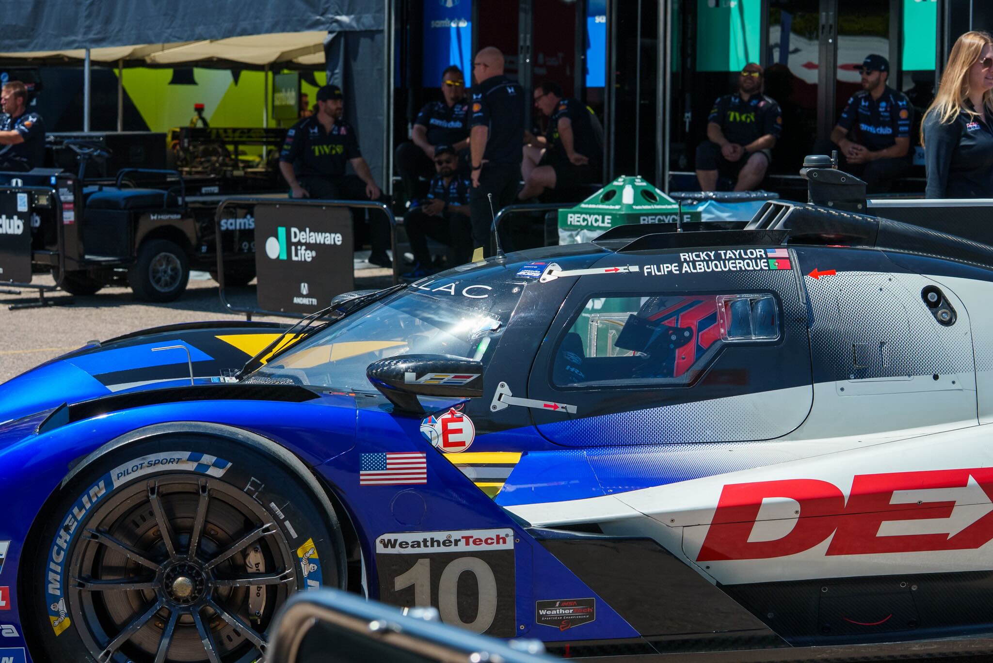 Blue race car sitting parked in the pit during a race at the 2026 Detroit Grand Prix