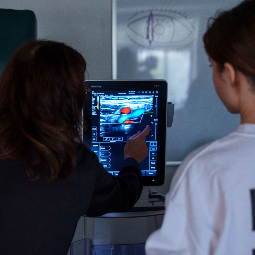 PA program instructor pointing to an ultrasound image on a screen while teaching a student