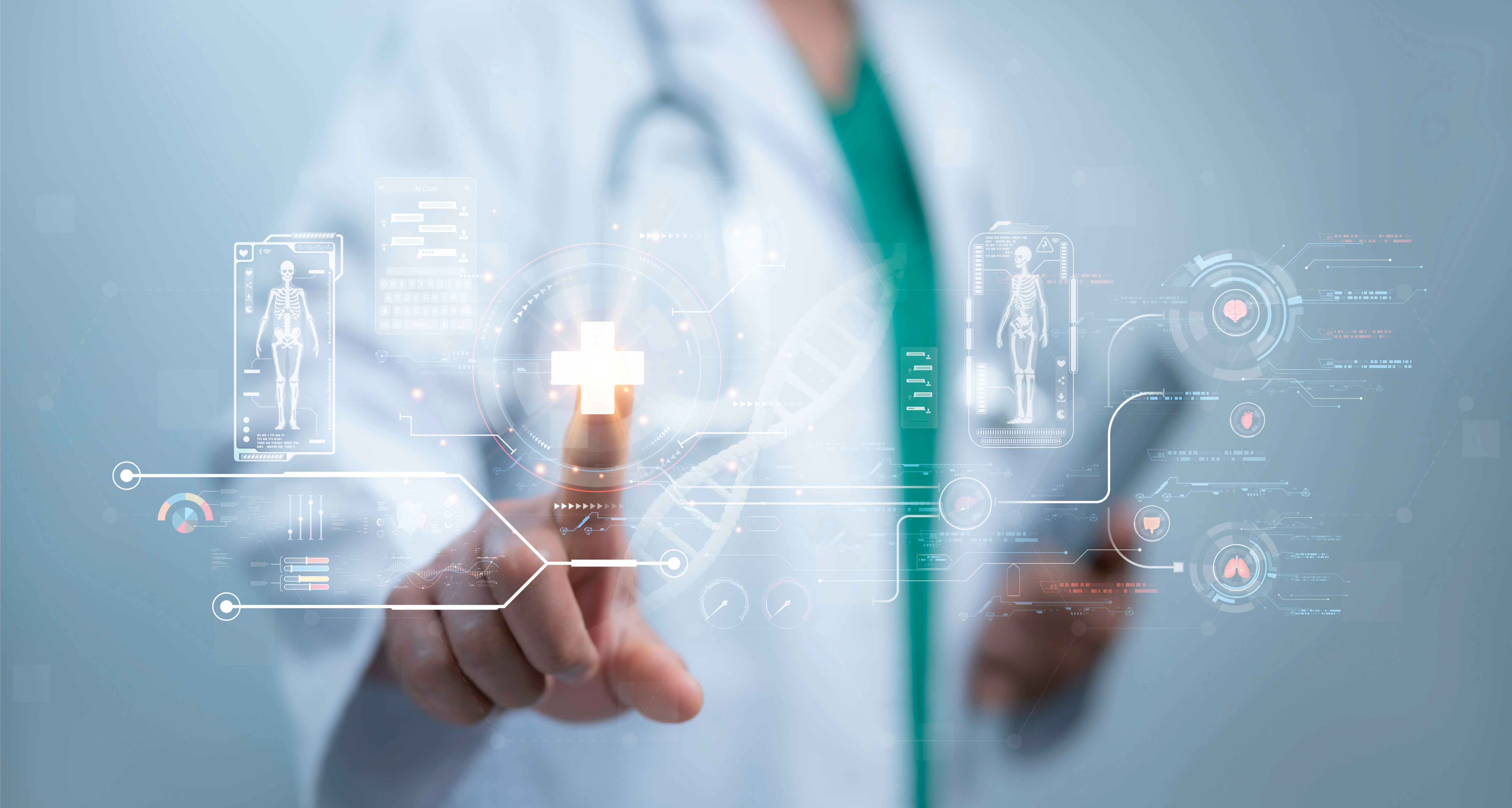A healthcare professional touches a digital healthcare cross on a virtual interface surrounded by medical holograms.