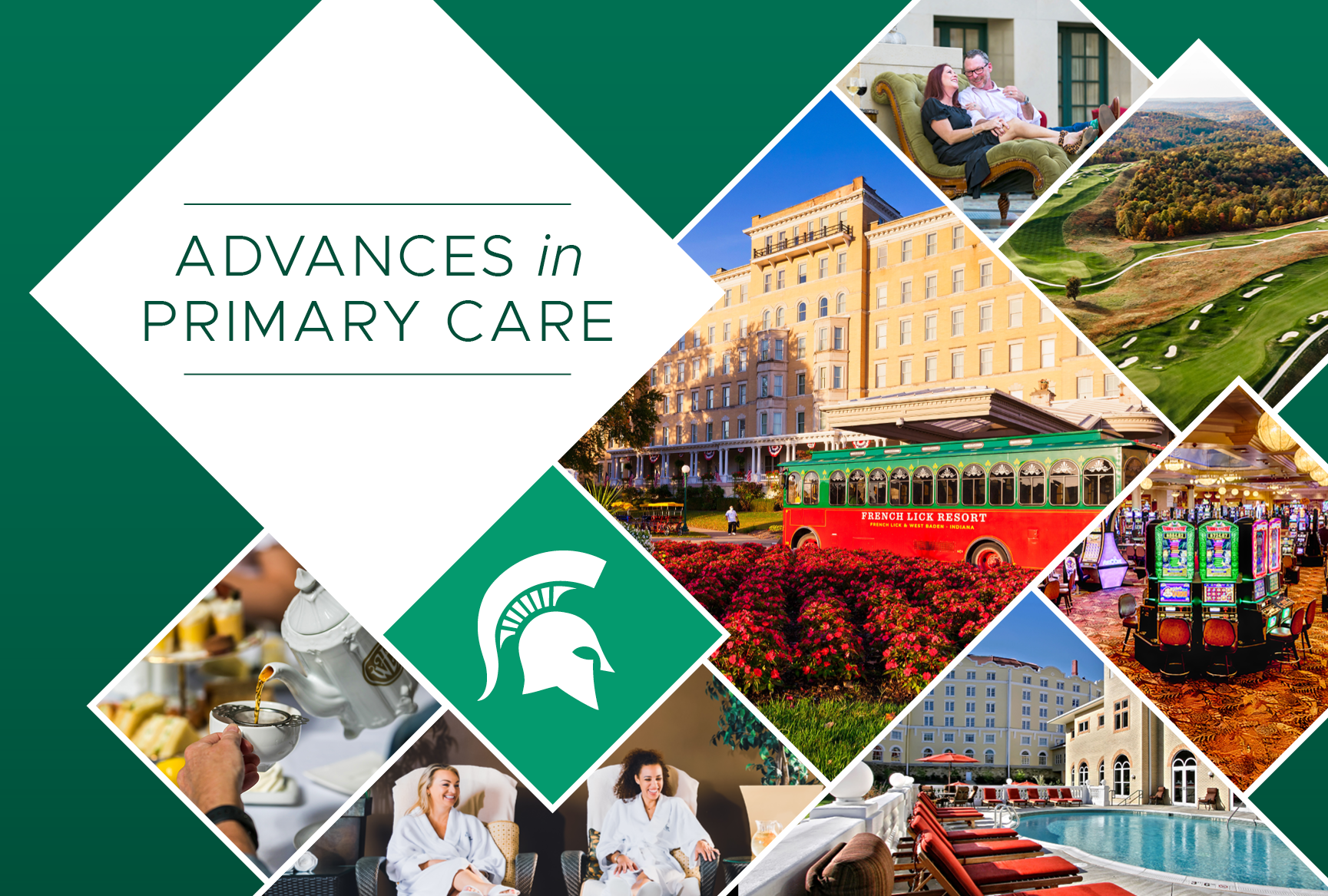 Collage of French Lick Resort images including a trolley, golf course, couple lounging, casino, tea service and spa