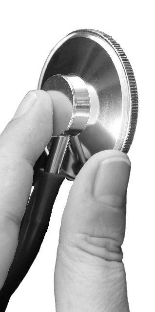Cutout of a hand holding the end of a stethoscope