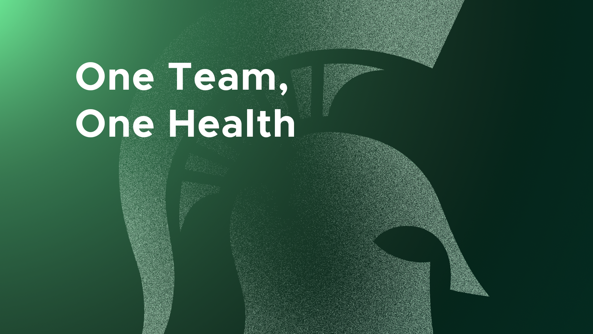 Abstract green Spartan helmet silhouette on a gradient green background with white text 