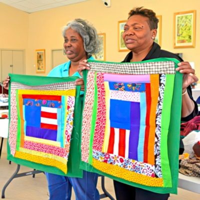 Left to right: Mary Ann Pettway and China Pettway standing together each holding a colorfully patterned Gees Blend quilt