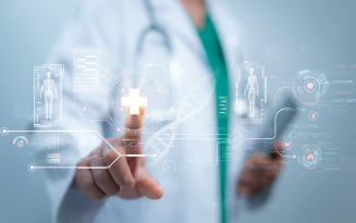 A healthcare professional touches a digital healthcare cross on a virtual interface surrounded by medical holograms.
