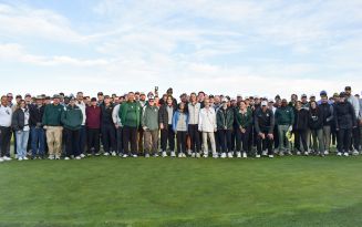 Group photo of all participants at the 2025 Osteopathic Open on a putting green.