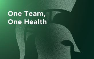 Abstract green Spartan helmet silhouette on a gradient green background with white text 